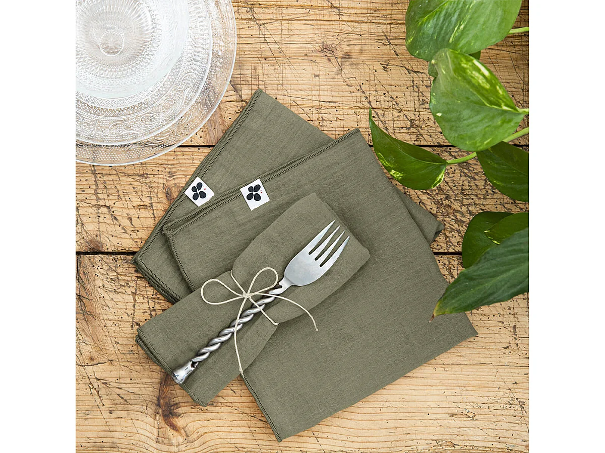 OUREA - Lot de 3 Serviettes 40x40cm Gaze de Coton Romarin