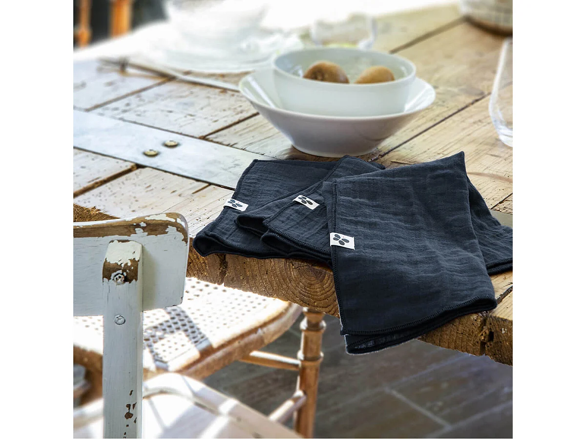 OUREA - Lot de 3 Serviettes 40x40cm Gaze de Coton Minuit