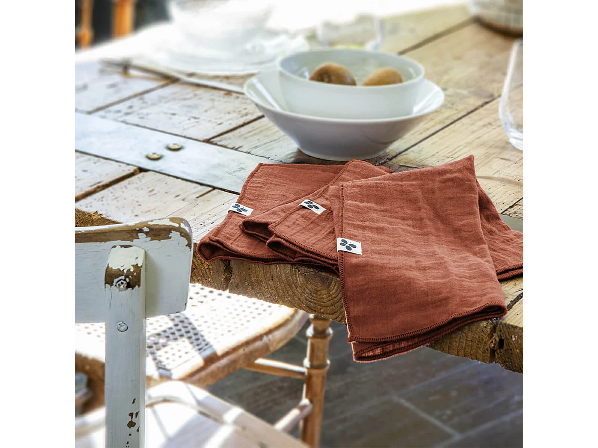 OUREA - Lot de 3 Serviettes 40x40cm Gaze de Coton Terracotta