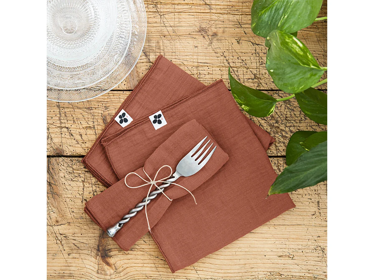 OUREA - Lot de 3 Serviettes 40x40cm Gaze de Coton Terracotta