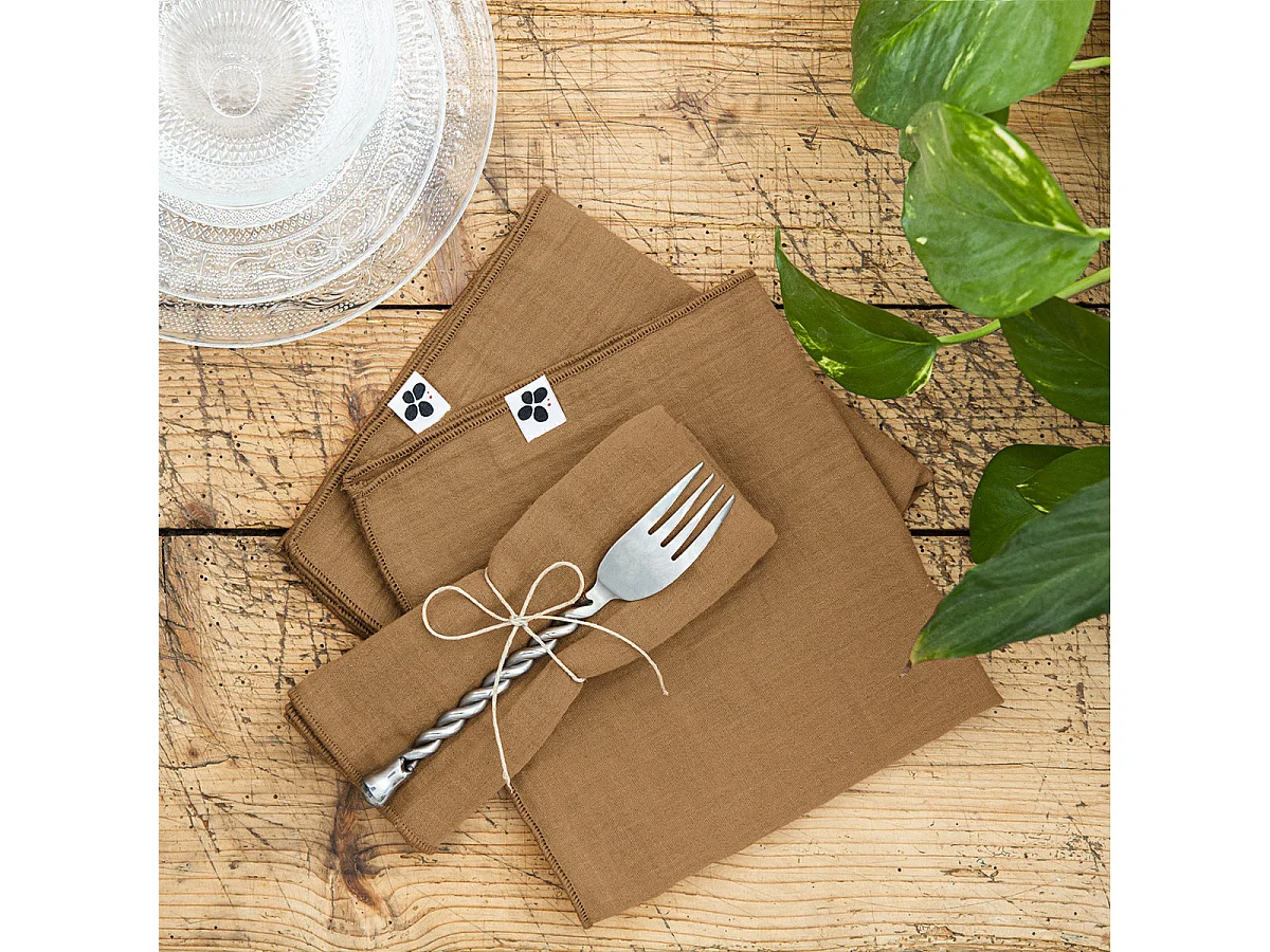 OUREA - Lot de 3 Serviettes 40x40cm Gaze de Coton Camel