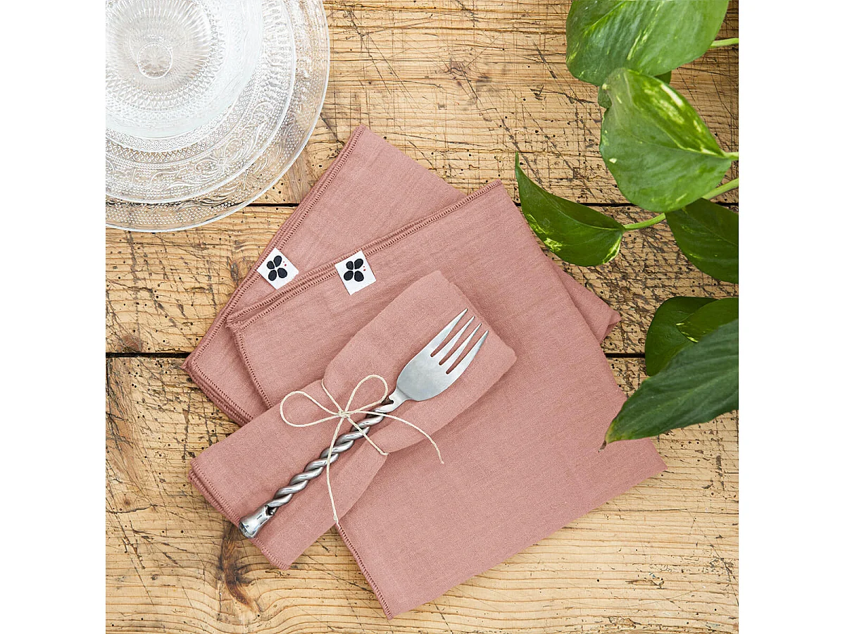 OUREA - Lot de 3 Serviettes 40x40cm Gaze de Coton Rose Pêche