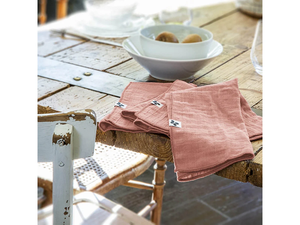 OUREA - Lot de 3 Serviettes 40x40cm Gaze de Coton Rose Pêche