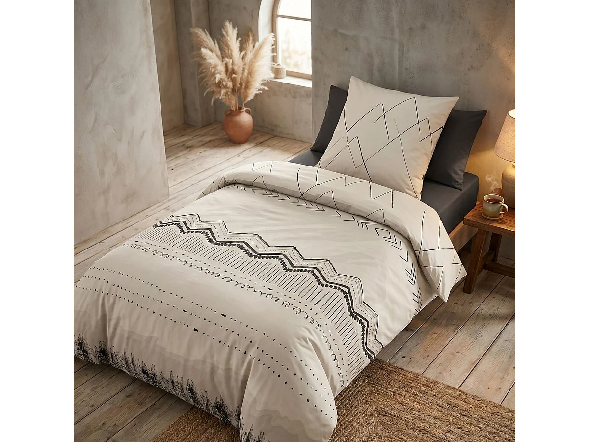 BELEM - Parure de Lit Coton Motifs Ethniques Housse de Couette 140x200cm + Taie d'Oreiller