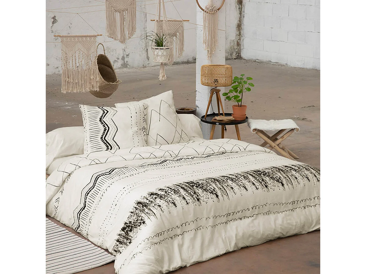 BELEM - Parure de Lit Coton Motifs Ethniques Housse de Couette 260x240cm + 2 Taies d'Oreiller
