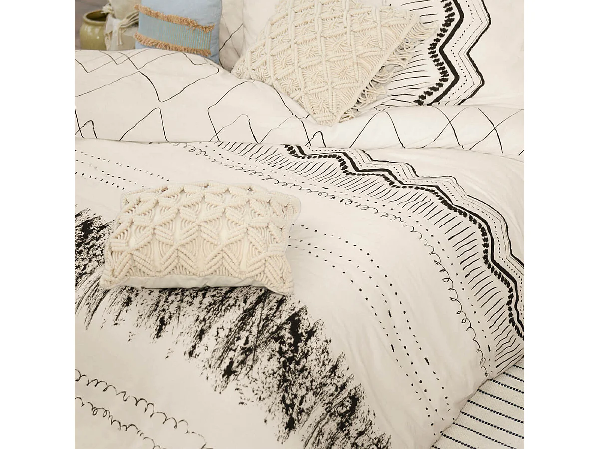 BELEM - Parure de Lit Coton Motifs Ethniques Housse de Couette 260x240cm + 2 Taies d'Oreiller