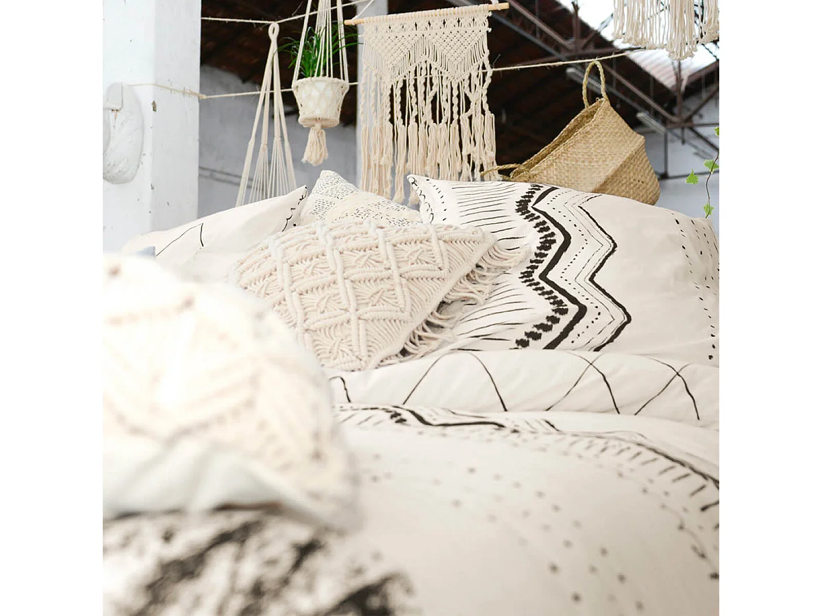 BELEM - Parure de Lit Coton Motifs Ethniques Housse de Couette 200x200cm + 2 Taies d'Oreiller