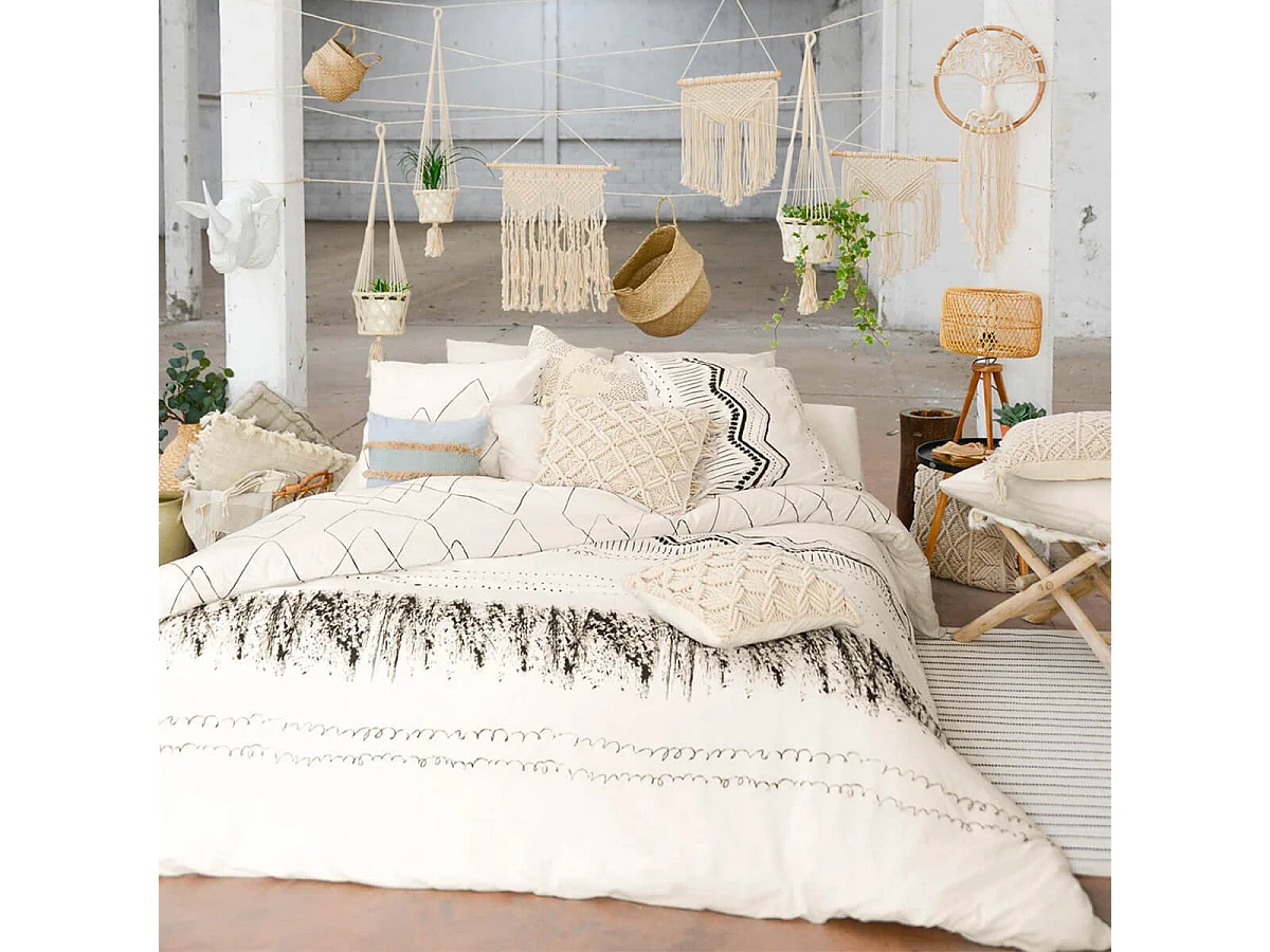 BELEM - Parure de Lit Coton Motifs Ethniques Housse de Couette 200x200cm + 2 Taies d'Oreiller