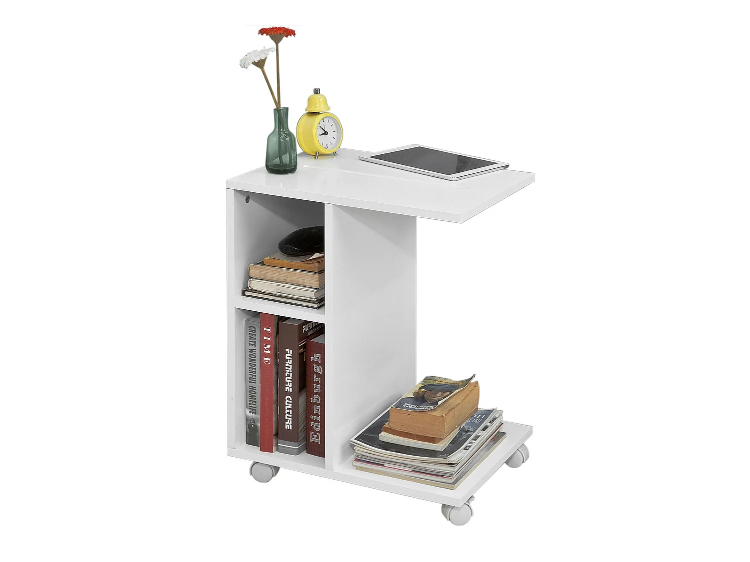 Bout De Canapé Table D’appoint Moderne Roulante Avec 2 Étagères De Rangement, Fbt48-w