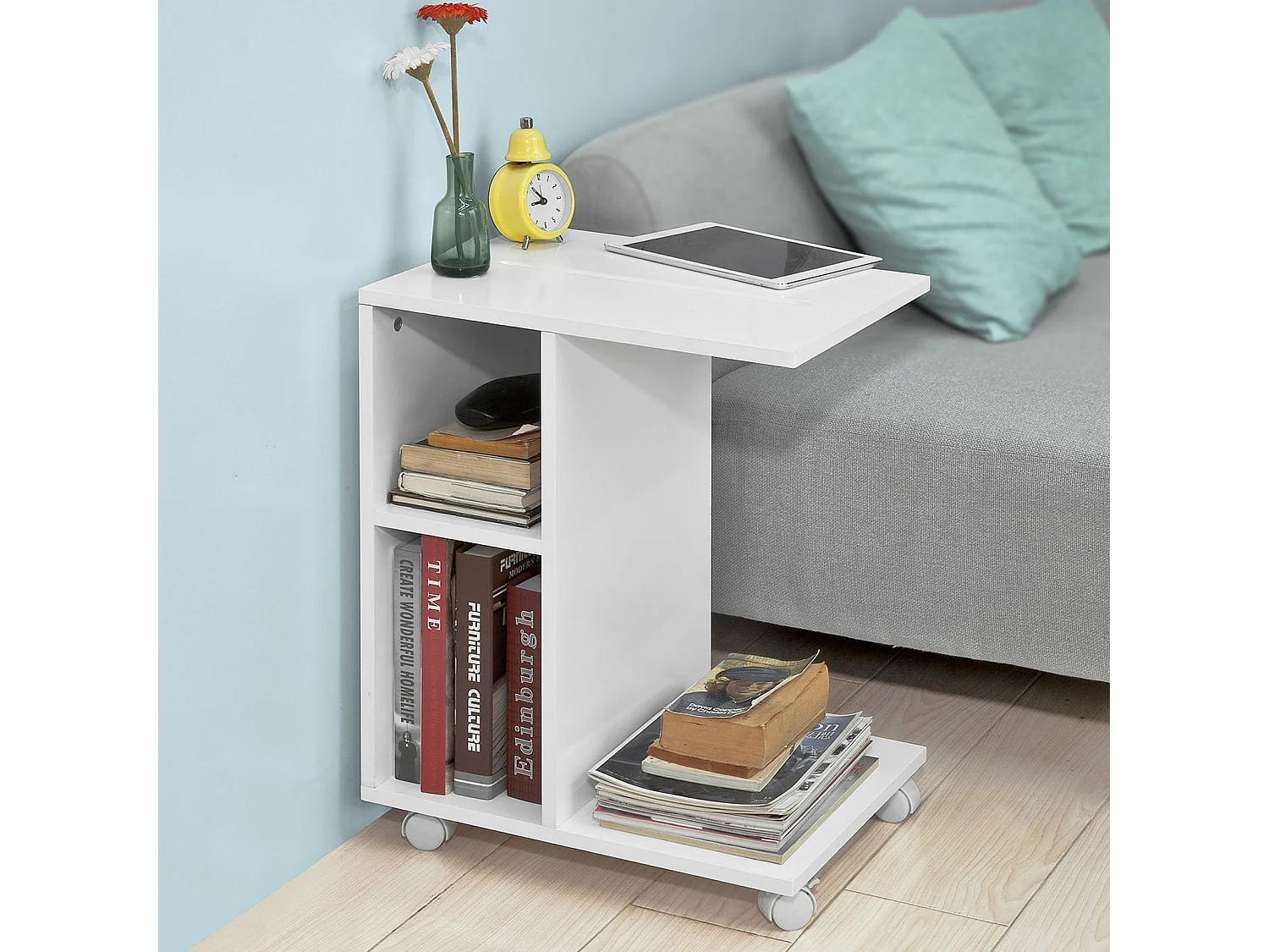 Bout De Canapé Table D’appoint Moderne Roulante Avec 2 Étagères De Rangement, Fbt48-w