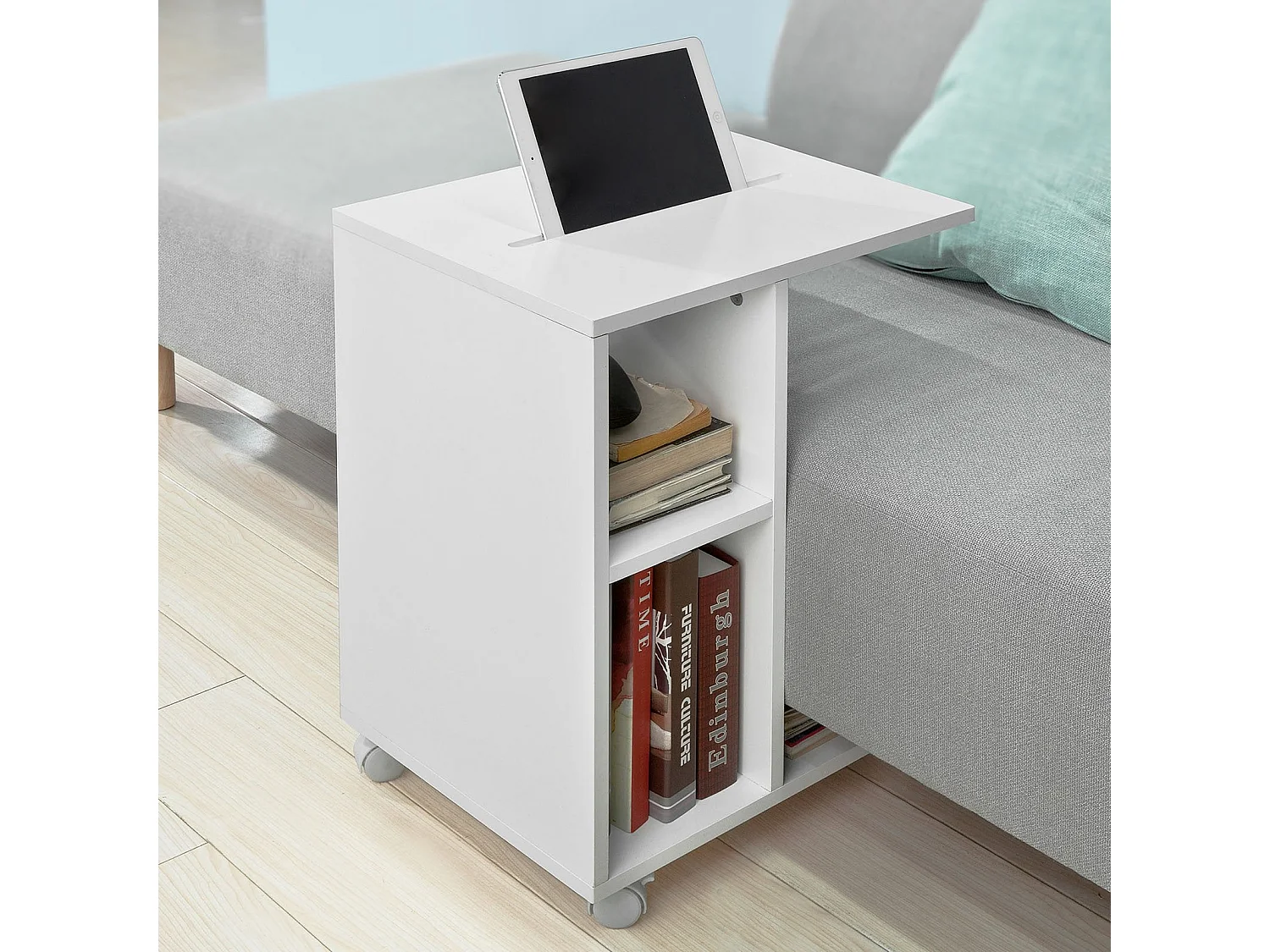 Bout De Canapé Table D’appoint Moderne Roulante Avec 2 Étagères De Rangement, Fbt48-w