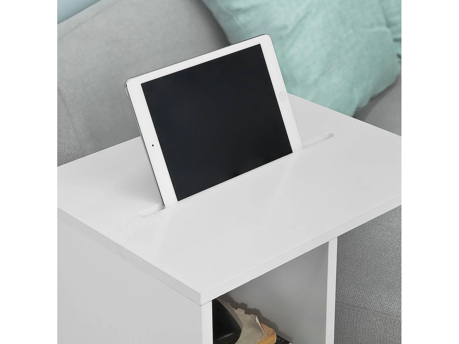 SoBuy FBT48-W Bijzettafel met gleuf | voor iPad | Salontafel | C vorm | wit