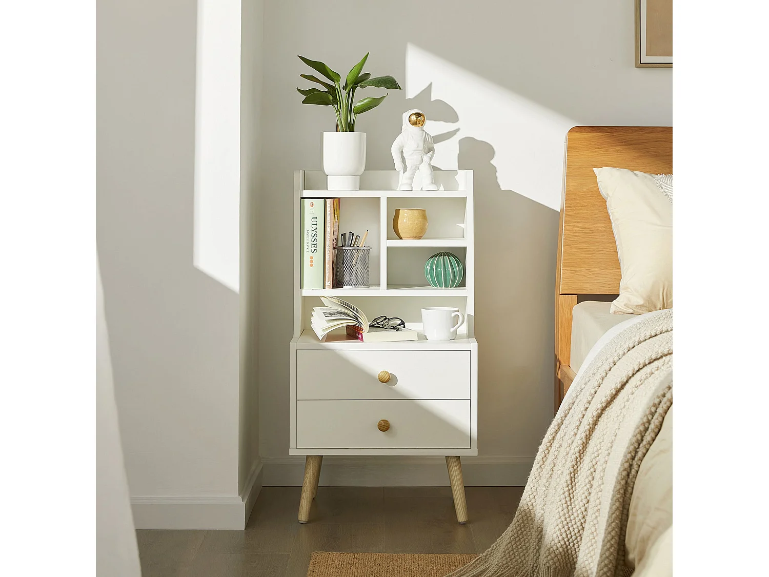 SoBuy FBT100-W Nachtkastje Nachtkastje Bijzettafeltje met Opbergplanken en 2 Laden - Wit