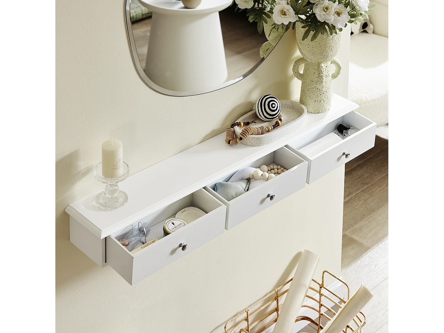 SoBuy mensola da muro moderna soprammobili da interno con cassetto Bianco 3 cassetti FRG43-L-W