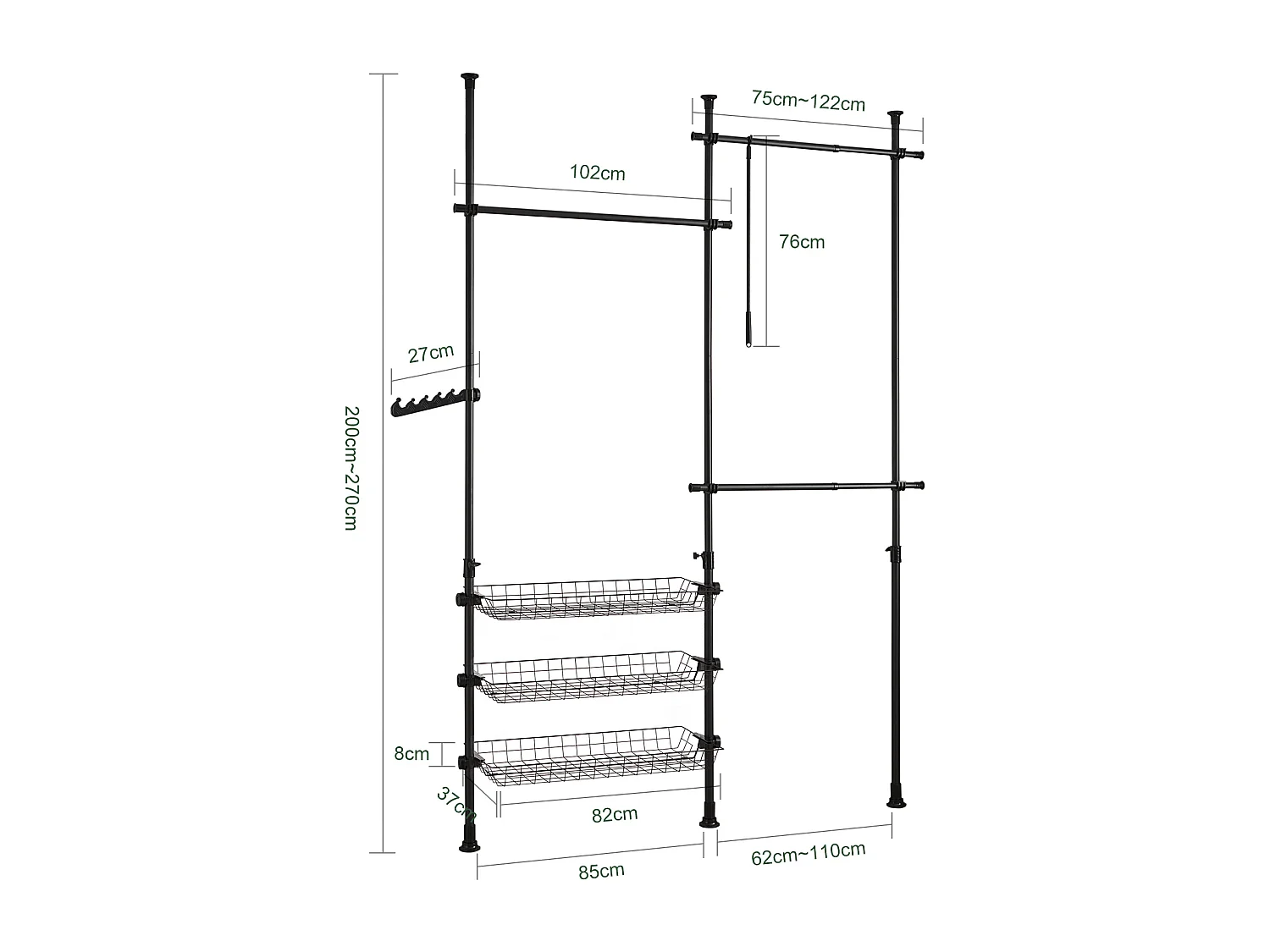Teleskop Garderoben System FRG34-SCH  198 x 285 x 27 cm cm Schwarz