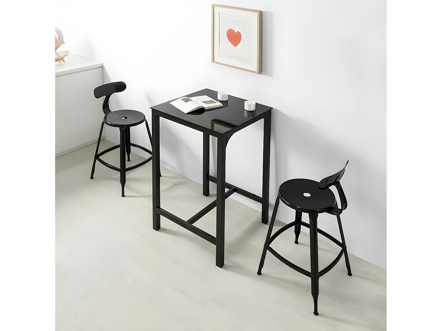 Table De Bar Carrée Table De Salle À Manger Plateau En Verre Pieds En Acier Robuste Noir, Ogt38-sch