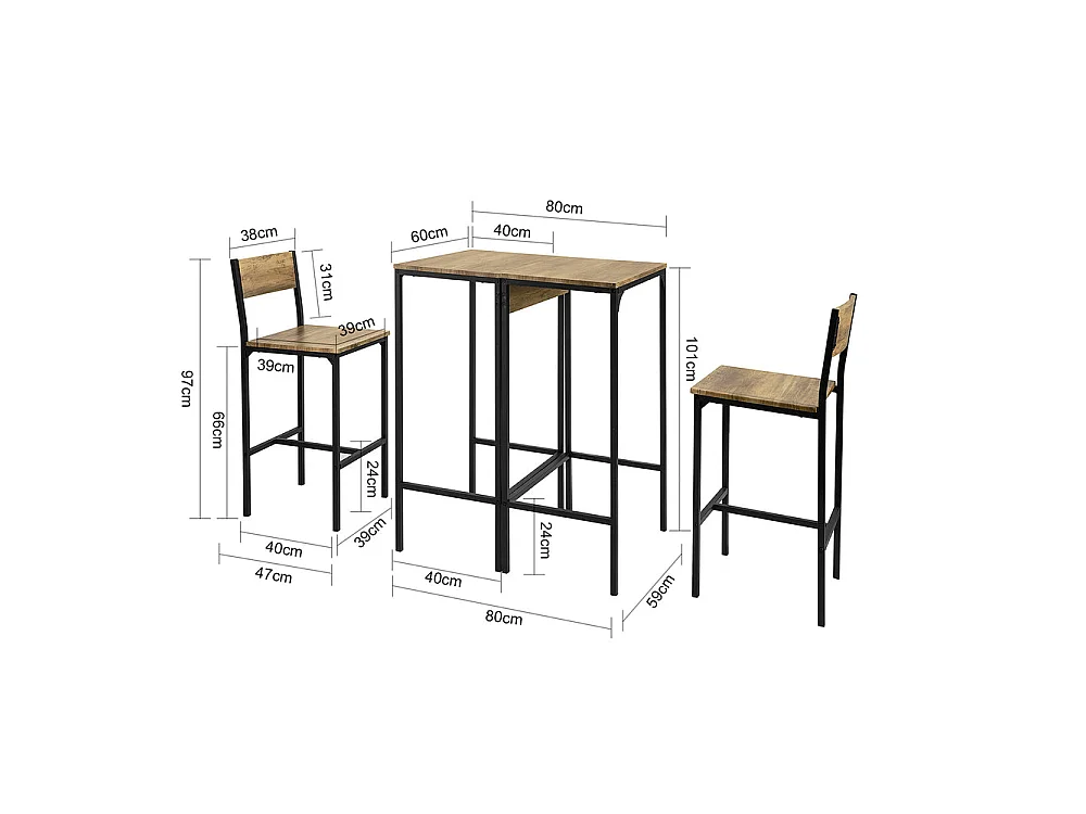 SoBuy Set 3 Pezzi Tavolo Bar con 2 Aedie Alto Tavolo Legno Allungabile Tavolo da Pranzo Tavolo Alto OGT42-F