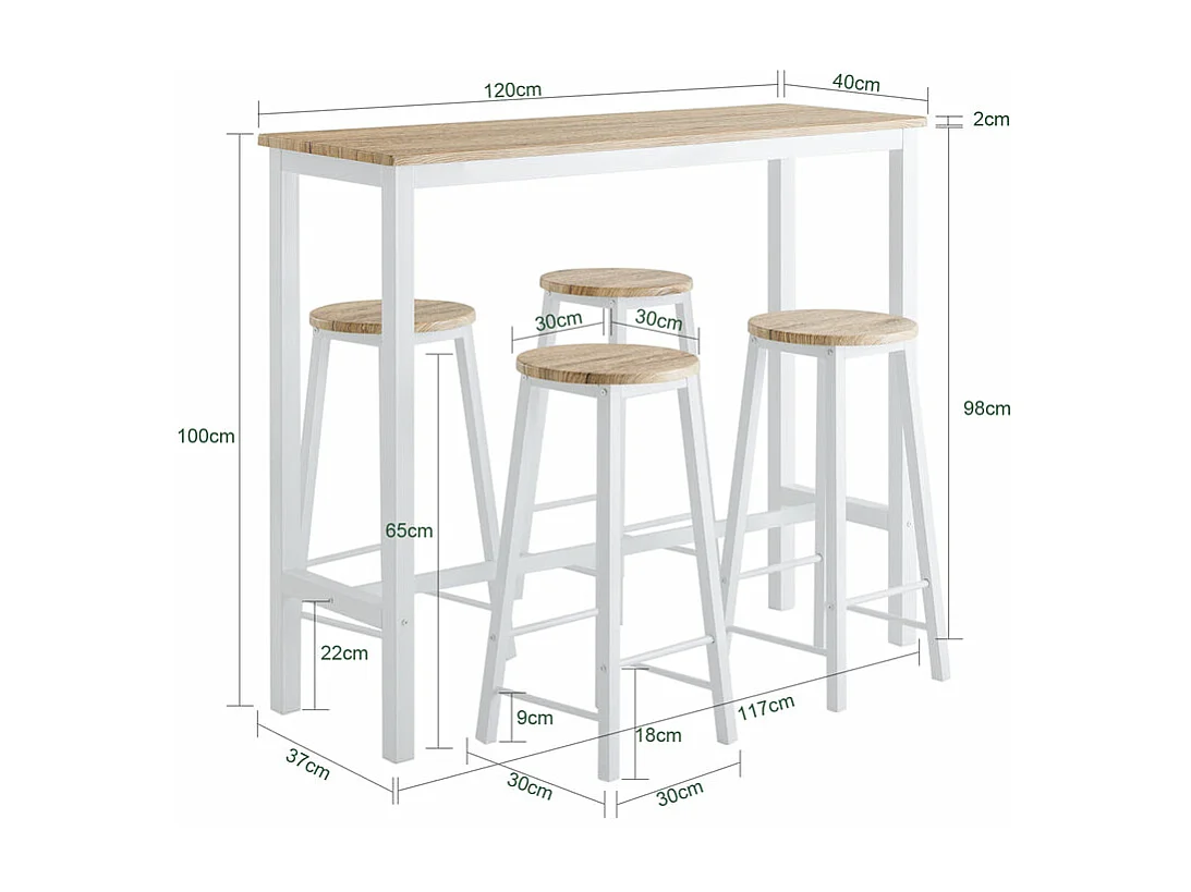 Ensemble Table De Bar Bistrot + 4 Tabourets De Bar Avec Repose-pieds Table Mange-debout, Ogt22-wn