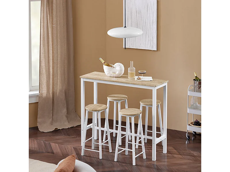Ensemble Table De Bar Bistrot + 4 Tabourets De Bar Avec Repose-pieds Table Mange-debout, Ogt22-wn