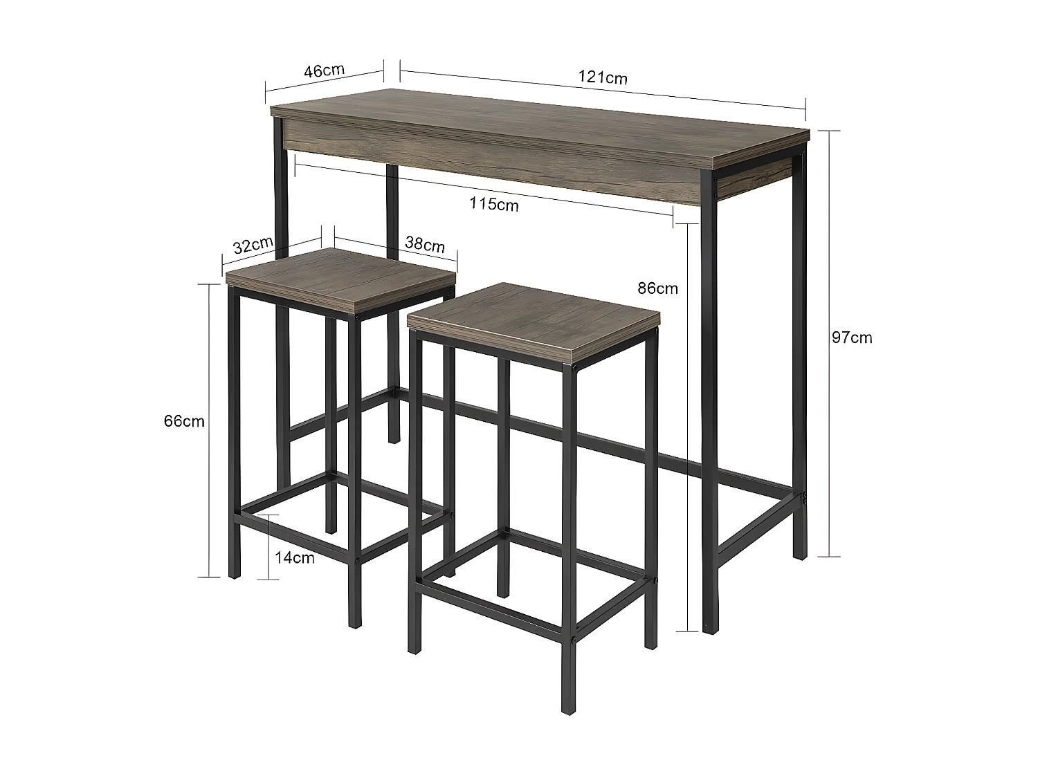 Lot Table Et Tabourets De Bar De Style Industriel Ensemble Table De Bar + 2 Tabourets, Ogt30-n