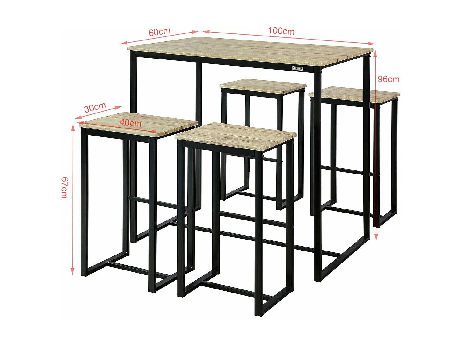 SoBuy Set 5 Pezzi Tavolo con 4 sgabelli Mobile Bar per casa Stile Industriale L100*P60*A96cm Legno OGT15-N