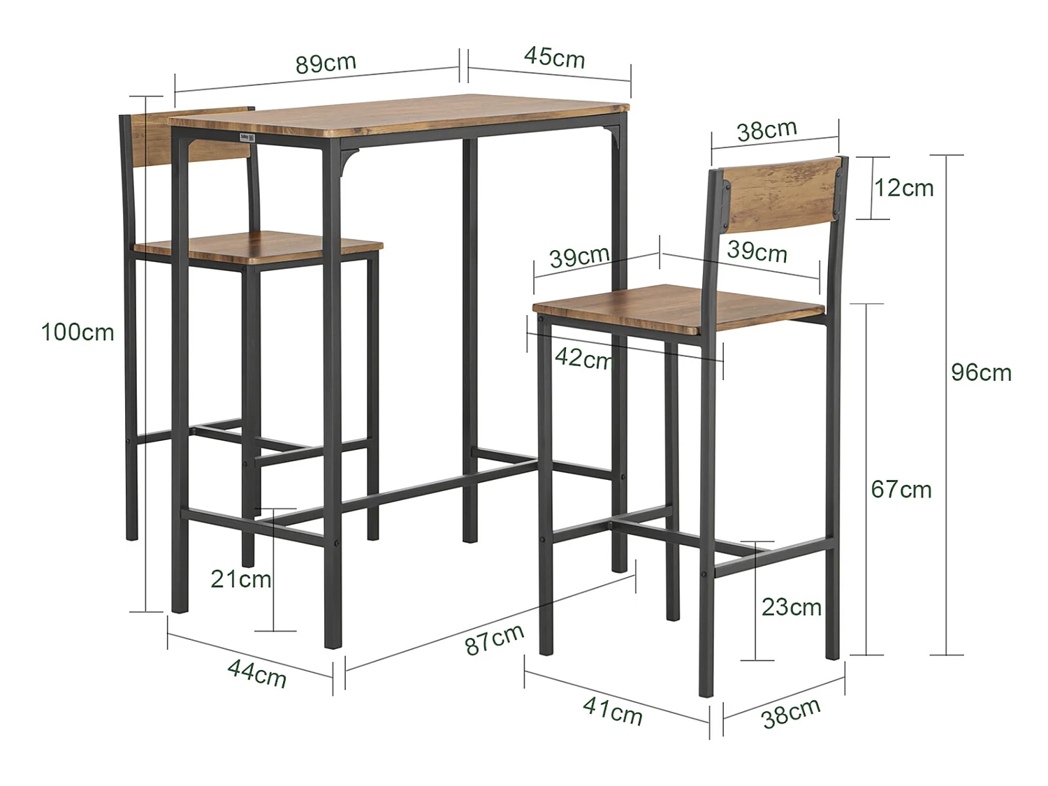 Set Mesa Alta de Bar y 2 Taburetes con Respaldos de Estilo Industrial ES L89cm x D45cm x H100cm OGT03-XL SoBuy ES