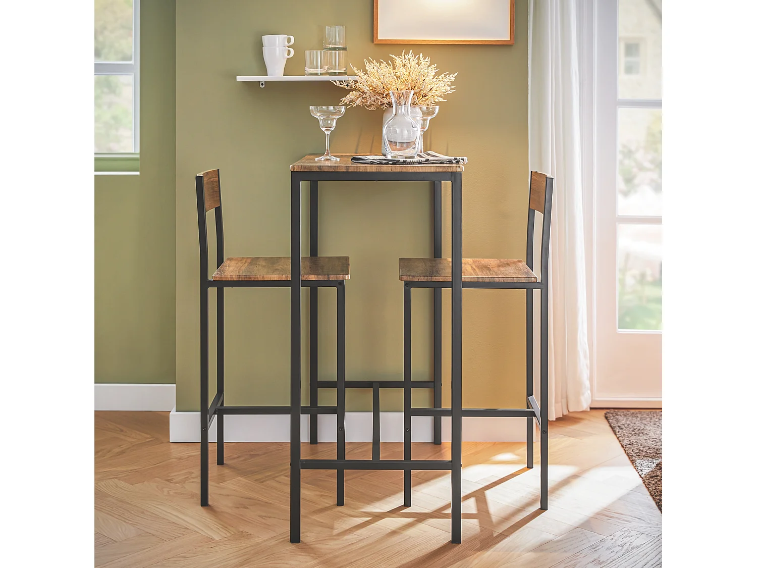 Set Mesa Alta de Bar y 2 Taburetes con Respaldos de Estilo Industrial ES L89cm x D45cm x H100cm OGT03-XL SoBuy ES