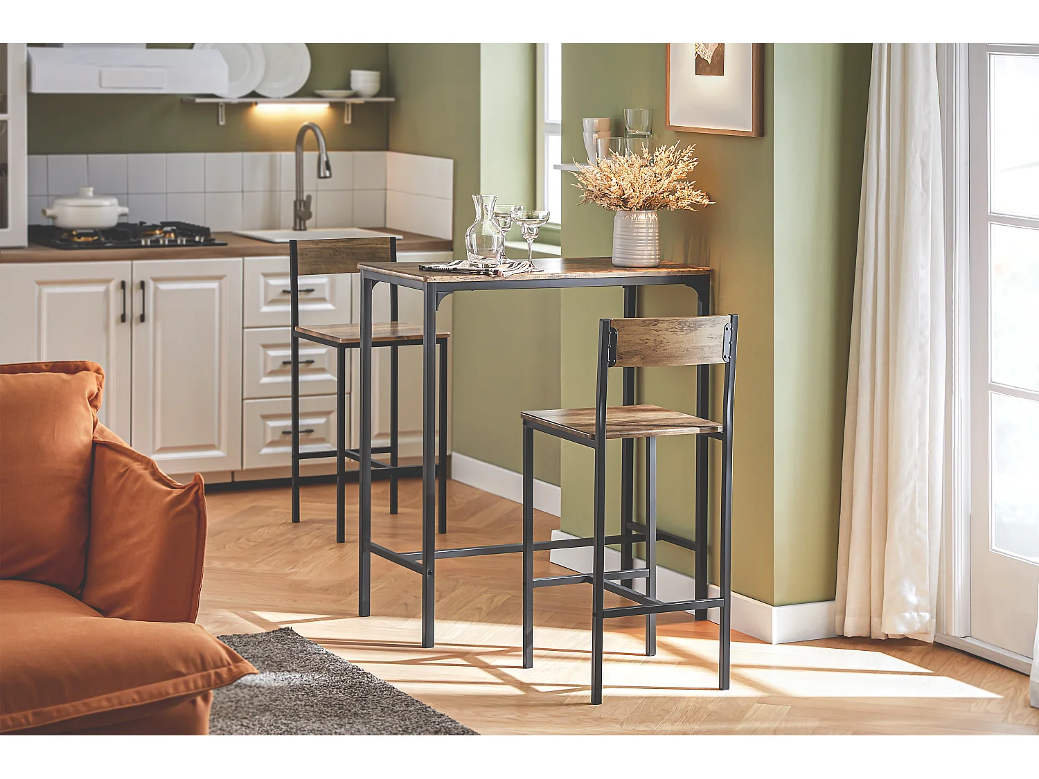 Set Mesa Alta de Bar y 2 Taburetes con Respaldos de Estilo Industrial ES L89cm x D45cm x H100cm OGT03-XL SoBuy ES