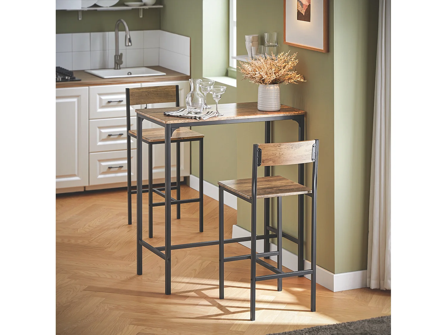 Lot Table et Chaises de Bar de Style Industriel Ensemble Table de Bar + 2  Haute Chaise, OGT03-XL