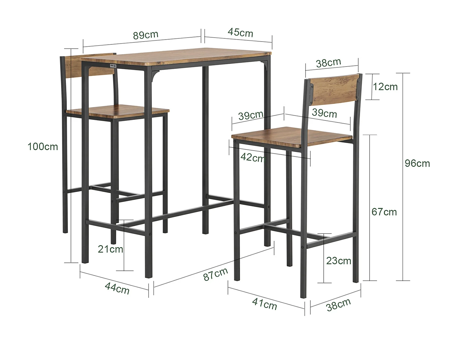 Lot Table et Chaises de Bar de Style Industriel Ensemble Table de Bar + 2  Haute Chaise, OGT03-XL