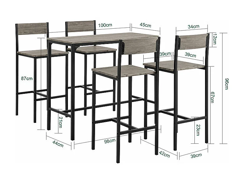 Set Mesa Alta de Bar y 4 Taburetes con Respaldos Estilo Industrial Madera OGT14-N SoBuy ES