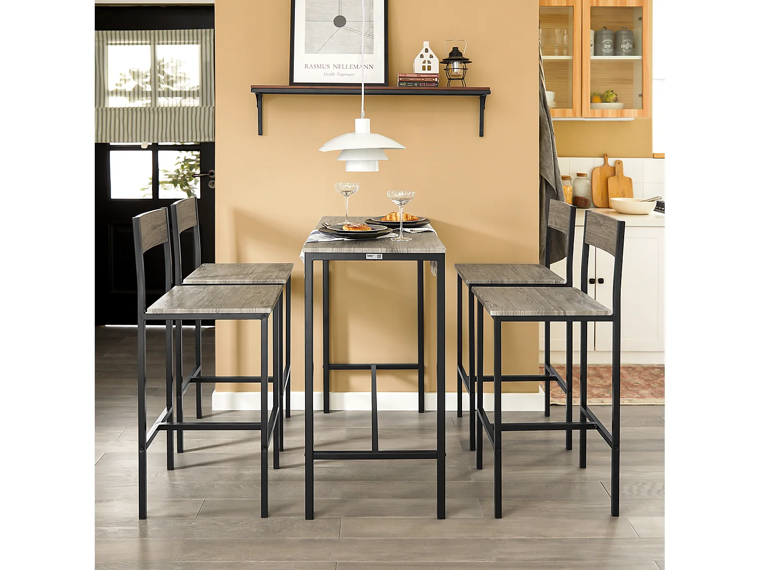 Set Mesa Alta de Bar y 4 Taburetes con Respaldos Estilo Industrial Madera OGT14-N SoBuy ES