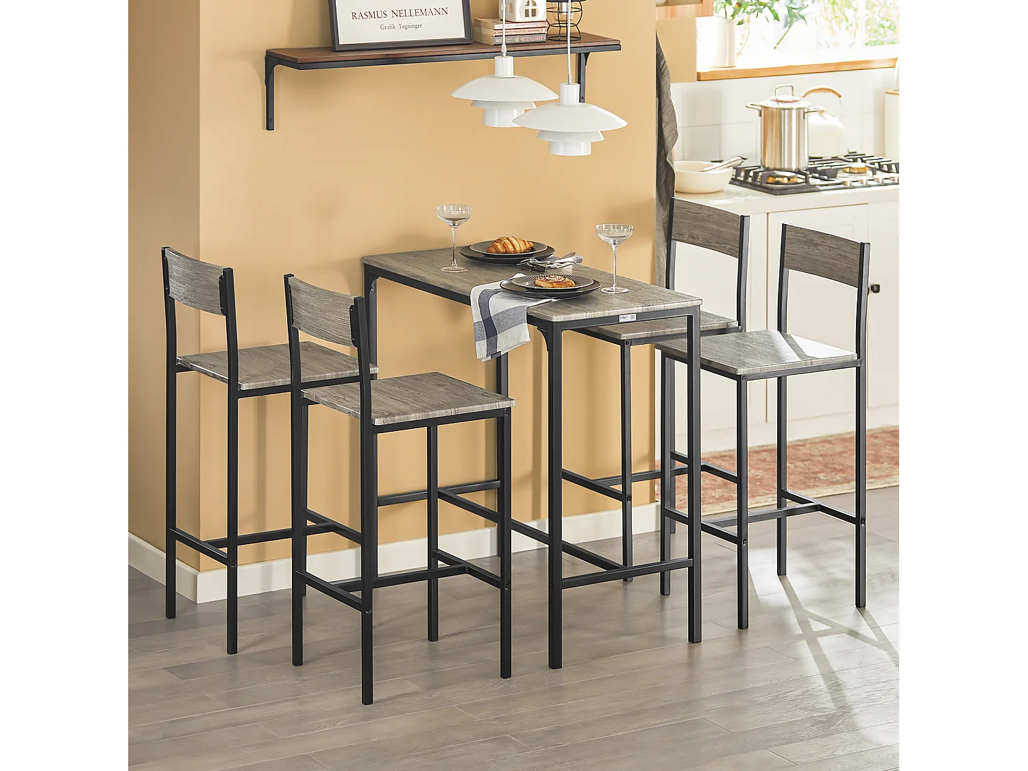 Set Mesa Alta de Bar y 4 Taburetes con Respaldos Estilo Industrial Madera OGT14-N SoBuy ES