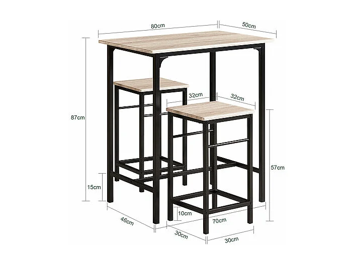 Set de 1 Table + 2 Tabourets avec repose-pieds Table Mange-debout Table haute cuisine, OGT10-N