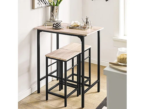 Set de 1 Table + 2 Tabourets avec repose-pieds Table Mange-debout Table haute cuisine, OGT10-N