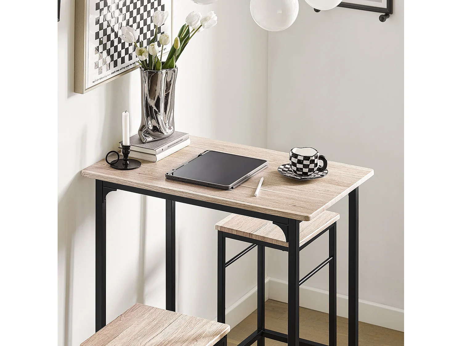 Set de 1 Table + 2 Tabourets avec repose-pieds Table Mange-debout Table haute cuisine, OGT10-N