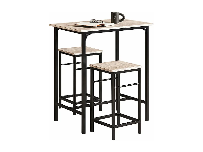 Set de 1 Table + 2 Tabourets avec repose-pieds Table Mange-debout Table haute cuisine, OGT10-N