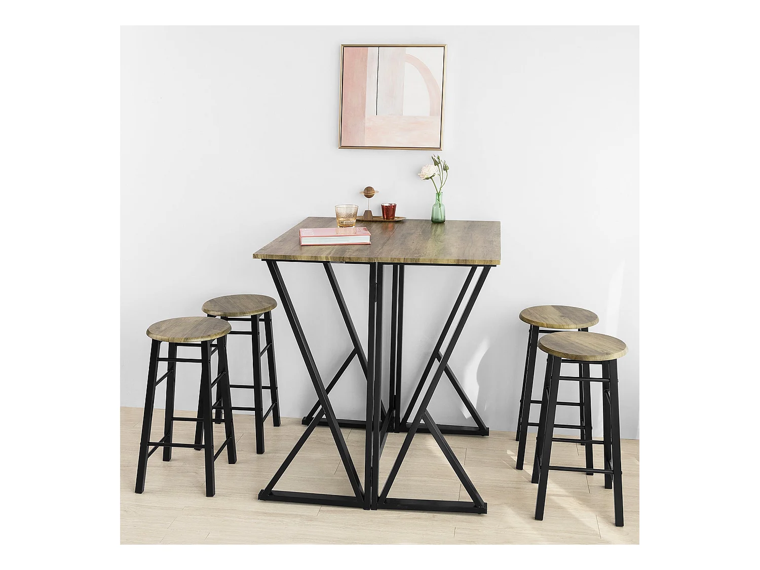 Set de 1 Table + 4 Chaises Ensemble Table de Bar bistrot + 4 tabourets, OGT24-N