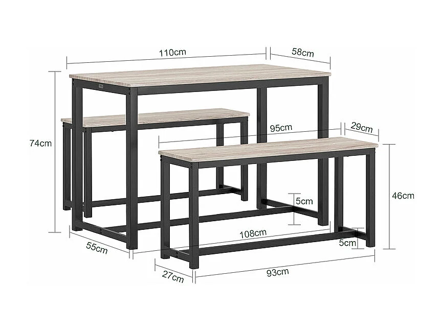 Ensemble Table À Manger Et 2 Bancs, Table De Cuisine Pour Salle À Manger, Salon, Balcon, Ogt25-hn