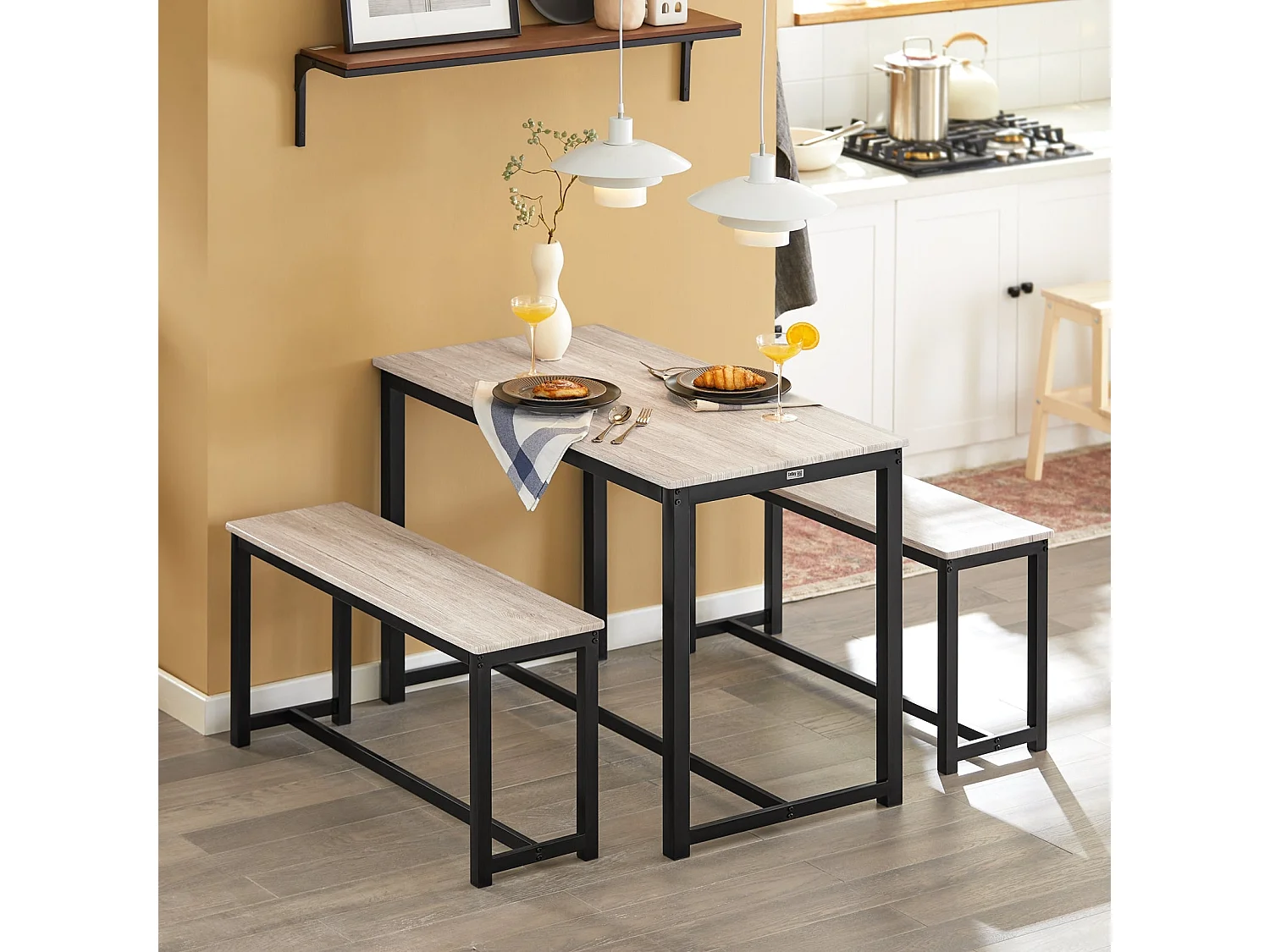 Ensemble Table À Manger Et 2 Bancs, Table De Cuisine Pour Salle À Manger, Salon, Balcon, Ogt25-hn