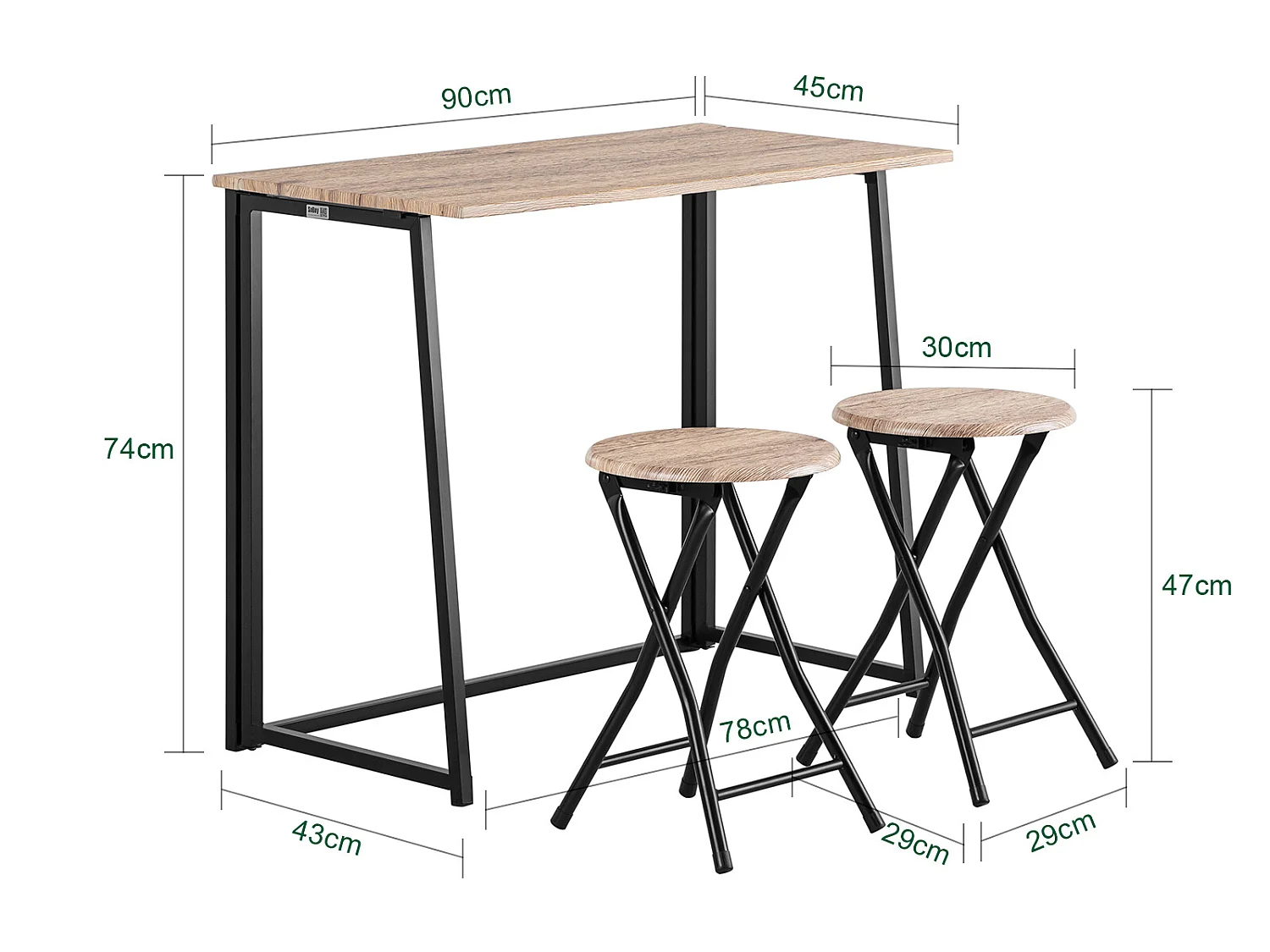SoBuy Tavolo Pieghevole con 2 sgabelli Pieghevole Tavolo salvaspazio in Legno e Ferro L90*P45*A74 cm Max Portata 150 kg OGT18-N