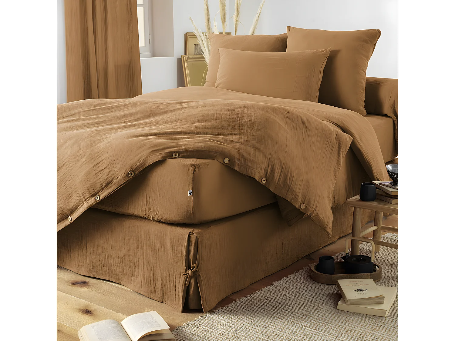 OUREA - Drap Housse 140x190cm Gaze de Coton Camel