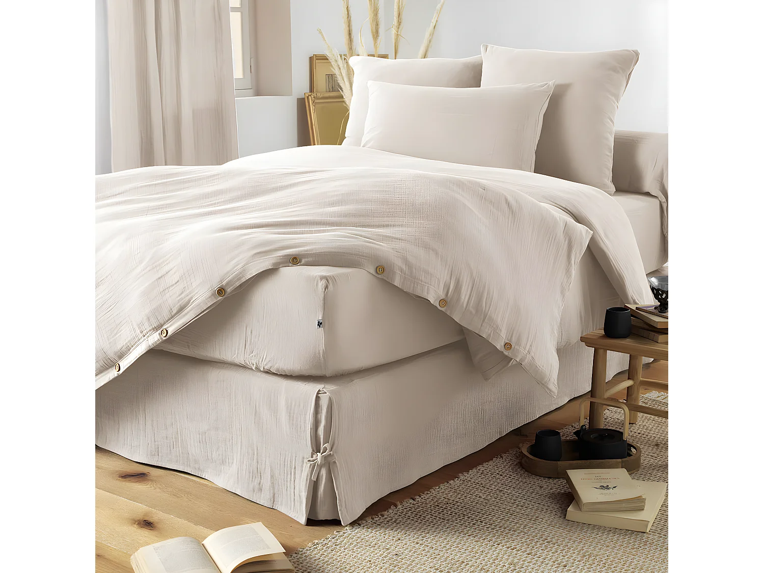 OUREA - Drap Housse 180x200cm Gaze de Coton Pampa