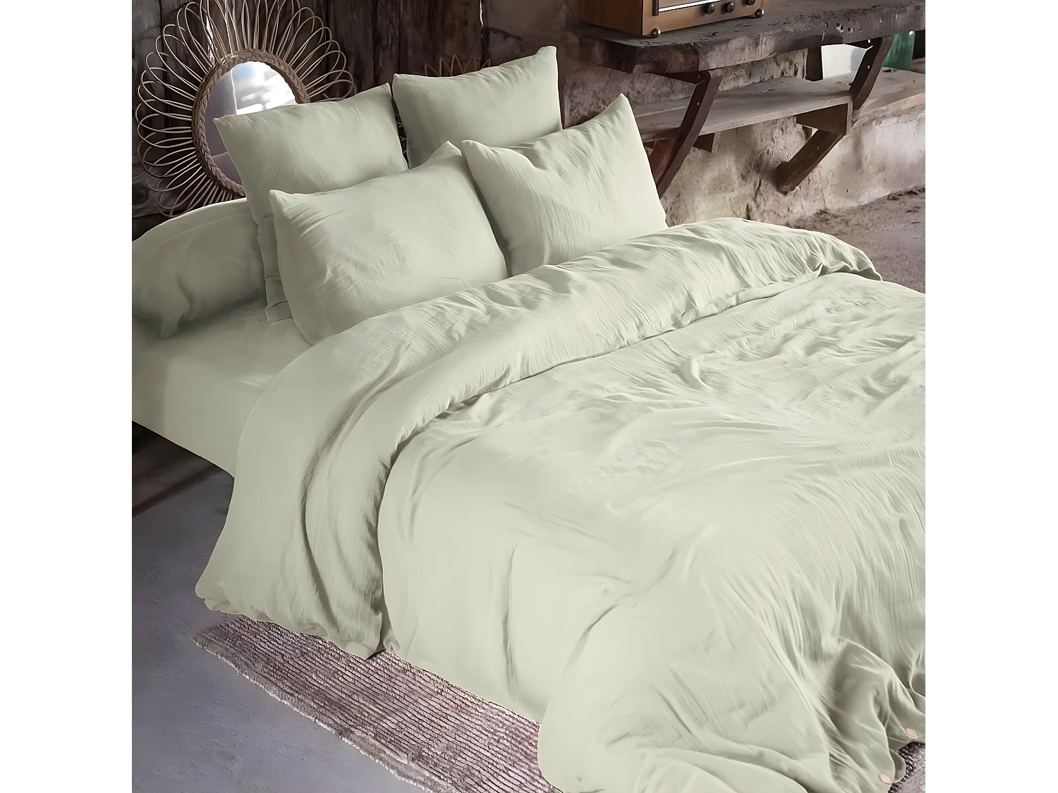 OUREA - Drap Housse 160x200cm Gaze de Coton Vert d'Eau