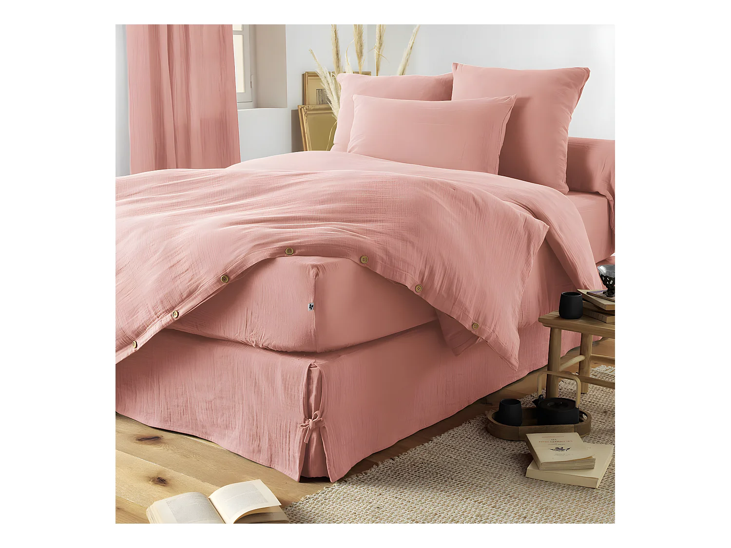 OUREA - Drap Housse 160x200cm Gaze de Coton Rose Pêche