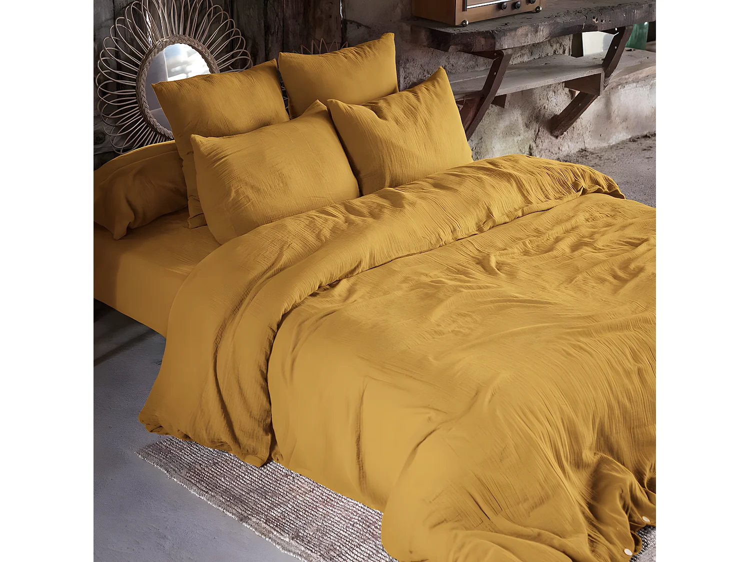 OUREA - Drap Housse 160x200cm Gaze de Coton Safran