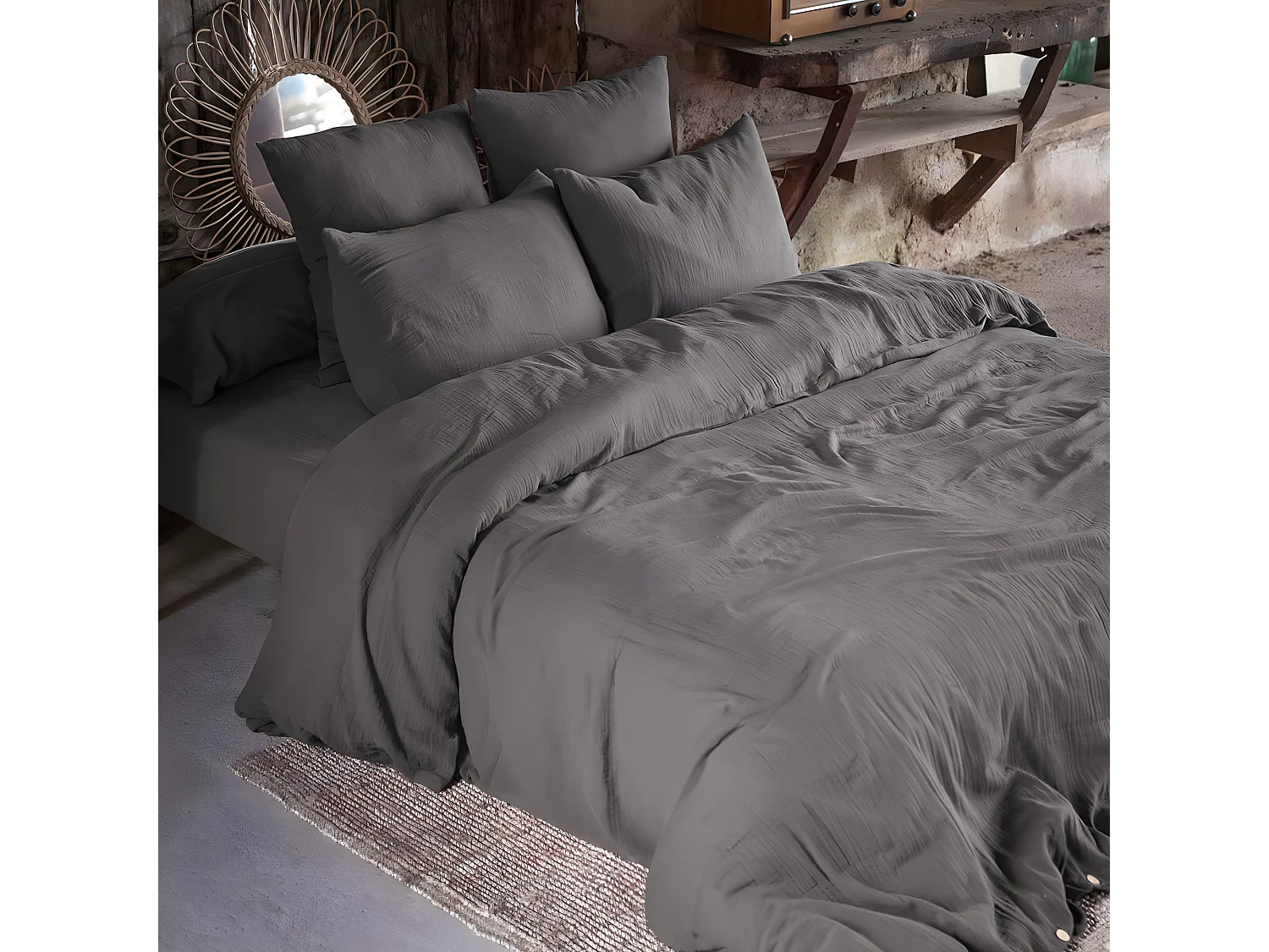 OUREA - Drap Housse 160x200cm Gaze de Coton Granit