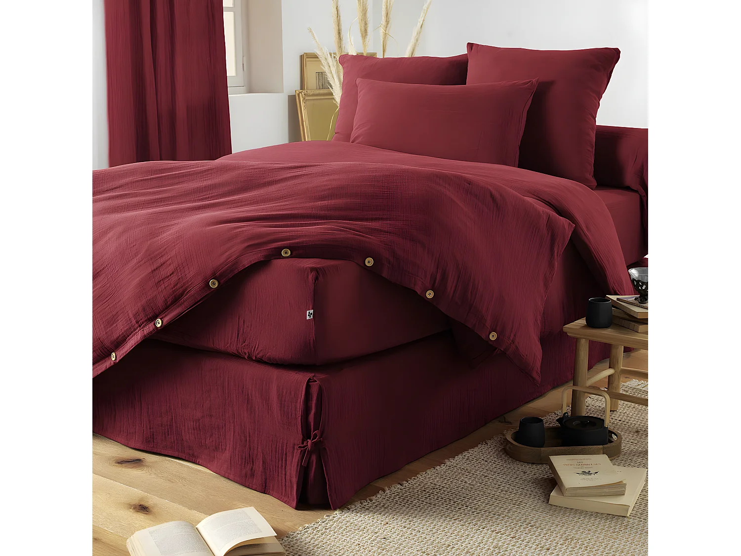 OUREA - Drap Housse 160x200cm Gaze de Coton Lie de Vin