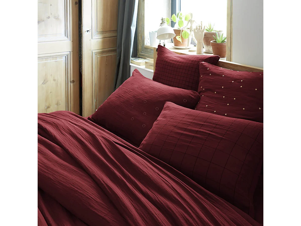 OUREA MOTIF - Taie d'Oreiller 50x70cm Gaze de Coton Lie de Vin à Grands Carreaux