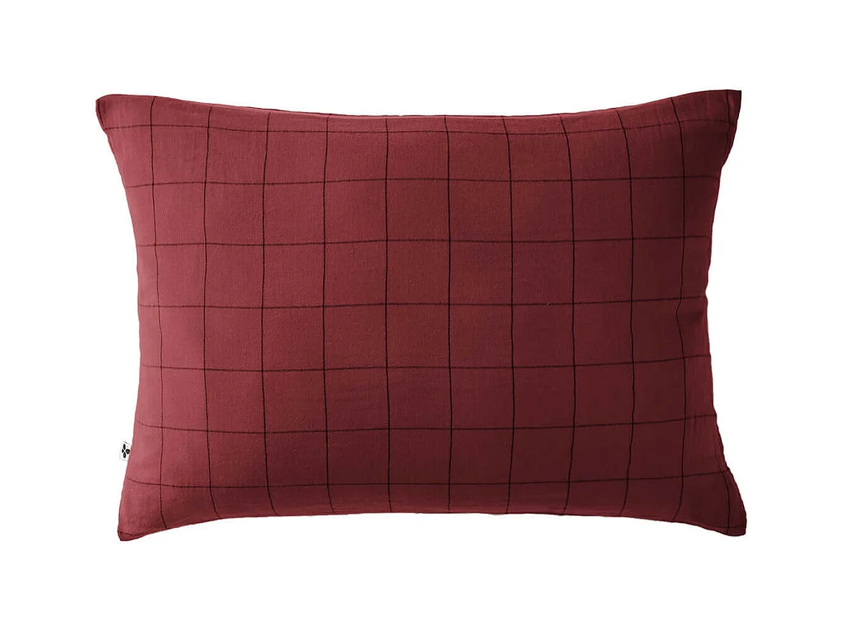 OUREA MOTIF - Taie d'Oreiller 50x70cm Gaze de Coton Lie de Vin à Grands Carreaux